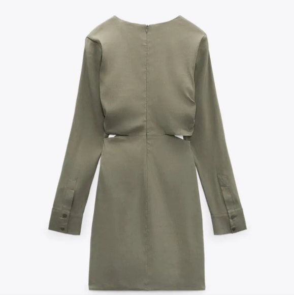 Zara Olive Green Linen Cut Out Mini Dress Size XS - Picture 5 of 12